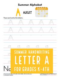 Kids learn to trace the letter A and develop speed and natural handwriting. Kids write summer-related words:air conditioner, August, amusement park, adventure. #handwriting #tracingletters #summerlearning #secondgrade #thirdgrade #fourthgrade #kindergarten #firstgrade https://primarylearning.org/worksheet/trace-the-letter-a/?utm_source=pinterest&utm_medium=social&utm_campaign=handwriting&utm_term=summer&utm_content=manuscript