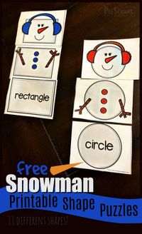 Do you want to build a snowman printable makes practicing shape recognition fun for toddler, preschool, pre-k, and kindergarten age children.  Use these super cute, 3-part shape puzzles to match 11 common shapes to make these happy snowman friends. Simply download pdf file with free printable Snowman Printables and you are ready for a hands-on winter math activities for preschoolers.