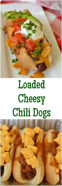 Oven Baked Chili Dogs are loaded with cheese and so easy to make! These chili dogs for a crowd are the perfect easy company recipe. Load these chili cheese dogs with all your favorite hot dog toppings! They can be made on the grill too! #chilicheesedogs #cheesyhotdogs #bakedhotdogs #littledairyontheprairie #chili