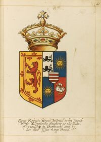 Leaf from a heraldic manuscript featuring 106 fully coloured and captioned Scottish royal and aristocratic armorial achievements, beginning with the arms of the Scottish monarchs from Malcolm III to "Mary Nowe queene of Scottes maried To her seconde Houssband the Lorde Darnley", c.1580