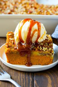 This pumpkin dump cake is a creamy pumpkin pie filling topped with a decadent pecan butter cake.