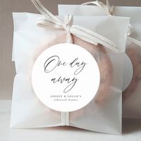 Rustic One Day Away Rehearsal Dinner Favor Stickers Add custom text to the back to provide any additional information needed for your guests.