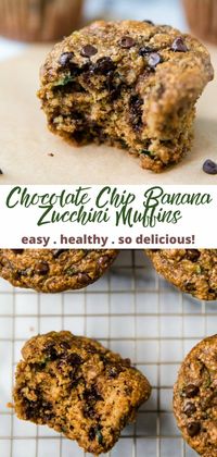 Flourless Healthy Chocolate Chip Banana Zucchini Muffins that are so tender and flavorful, you��’d never know they were made without flour, oil, or refined sugar. Gluten free and made with wholesome ingredients, they make a healthy and delicious breakfast or snack. #zucchini #glutenfree #muffins #healthy #flourless