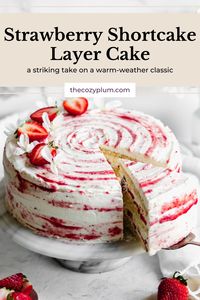 This Strawberry Shortcake Layer Cake is made with a fluffy vanilla sponge cake, strawberry simple syrup, fresh strawberries and lightly sweetened whipped cream. All layered together to produce a striking version of a summertime classic.  Make this into a 2-layer cake or 3-layer cake based on your preference!