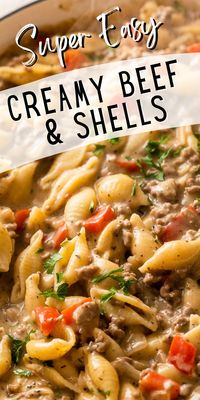 This super easy Creamy Beef and Shells recipe comes together in about 20 minutes and is perfect for those busy weeknights!