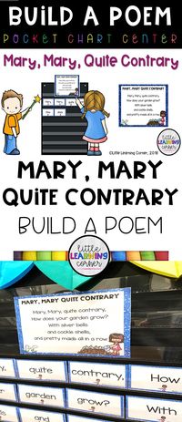 PreK, Kindergarten, and first grade kids use word cards to build a poem, Mary, Mary, Quite Contrary, a classic nursery rhyme. Build a poem in centers, small groups, individual, or with homeschool activities. Great with Heggerty poems and phonemic awareness program. #poemsforkids #nurseryrhymes #kindergarten