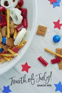 We made special themed treat that’s perfect for watching fireworks, take on a hike or munch on during a picnic in the park – a Fourth of July Snack Mix. It has wheat cereal, peanuts, blue M&Ms, Nibs and yogurt covered pretzels.