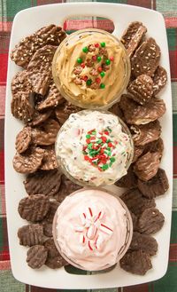 Christmas Dessert Dip Platter with Christmas Cookie Dough Dip, Gingerbread Dip, Peppermint Fluff Dip with Chocolate Covered Potato Chips for dipping. #christmas #christmasrecipes #desserts