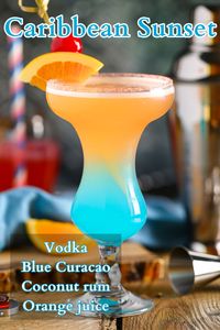 Transport yourself to a sun-drenched paradise with our Caribbean Sunset cocktail. This vibrant libation captures the essence of tropical bliss, blending vodka, coconut rum, blue curacao, and orange juice into a symphony of flavors.