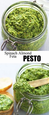 This delicious Spinach Pesto is made with almonds and feta cheese. The coarse texture makes it perfect as a dip or spread. #pesto #appetizer