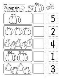 Fall Pumpkins number 1-5 Cut and Paste Match to 5 Printables Worksheets