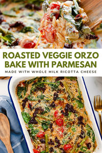 Our Creamy Roasted Veggie Orzo Bake combines vibrant, fresh ingredients with the comforting warmth of a baked dish. This recipe showcases the sweetness of cherry tomatoes, the savory notes of sun-dried tomatoes, and the creamy richness of ricotta and Parmesan cheeses. The addition of spinach and asparagus not only boosts the flavor but also adds a wonderful crunch and splash of color.