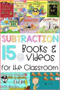 There are many children's books and videos that teach subtraction strategies, such as these which give kids hands-on experience learning how to subtract. Great for kindergarten, first grade, and second grade teachers! #teachingmath #subtractionstrategies #teachsubtraction #teachingtips #subtractionbooks #subtractionvideos