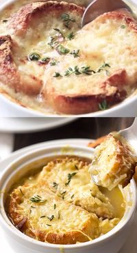 Easy and super COMFORTING French Onion Soup! I first made this recipe a few years ago and it instantly became a hit on my blog. In my recipe I used chicken broth, that's my personal preference, but you can use beef or even vegetable broth. And don't forget the most delicious part - cheese topped toasty baguette. Absolutely delicious and perfect for dinner especially during cold winter days. #lavenderandmacarons #soup