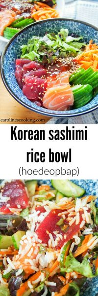 This Korean sashimi rice bowl is so easy to put together and is a delicious combination of tender sashimi, crunchy salad, rice & a sweet-spicy sauce. It makes a great, easy meal whether for dinner or lunch. #koreanfood #ricebowl #sashimi