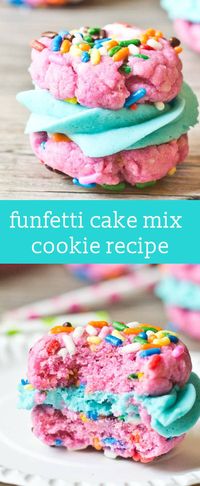 Funfetti Cake Mix Sandwich Cookies are simply made with a boxed cake mix, then filled with buttercream frosting. Perfect for birthdays, parties and celebrations! via @tastesoflizzyt