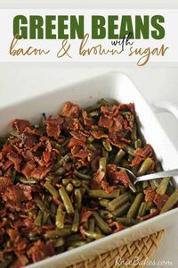 These Green Beans with Bacon & Brown Sugar (step-by-step video) are delicious! The green beans are baked with a sweet sauce and crispy, salty bacon that make for a perfect combination. This recipe will feed a crowd! #greenbeans #sidedish #vegetable #Thanksgiving #Christmas #bacon #soysauce #brownsugar