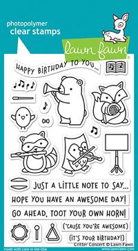 Send a symphony of cute critters to a loved one with a handmade card using the Critter Concert Clear Acrylic Stamps by Lawn Fawn! There are 21 clear photopolymer stamps that are made in the USA included in the package. The set features animals playing musical instruments, sentiments including "happy birthday," "hope you had an awesome day" and more. The stamps can be used with an acrylic block and inks of your choice sold separately.