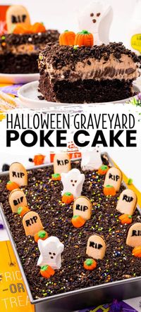 Halloween Graveyard Chocolate Poke Cake starts with a doctored cake mix that's filled with chocolate pudding & then decorated for Halloween! #BreadBoozeBacon #halloween #chocolate #pokecake #graveyard #oreaos #peeps #candycorn #dessert #cake #party