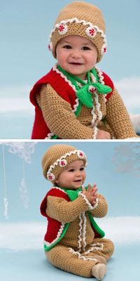 Transform your little one into an adorable gingerbread character with this adorable crochet ensemble. Featuring a charming rickrack-trimmed vest, peppermint hat, and dapper bow tie, this one-piece romper promises unforgettable holiday photo opportunities. The project is designed for advanced crocheters, so start with some experience. The step-by-step crochet baby Christmas costume pattern is available on the original website.