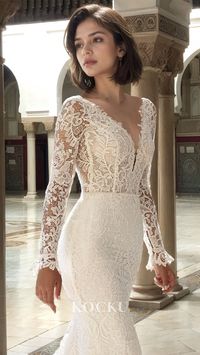 This romantic wedding dress features a flattering v-neck, long sleeves, and a dramatic mermaid silhouette. The sweep train adds an elegant touch, while the lace and appliques create a romantic and timeless look. Perfect for the modern bride seeking a touch of classic charm on their special day.