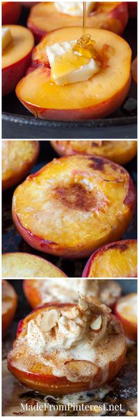 Baked Peaches and Cream - Butter and honey drizzled peaches bake up to perfection and are later topped with cream, cinnamon sugar and almonds!