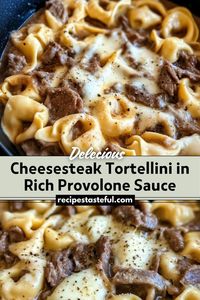 A hearty dish that combines tender cheese tortellini with savory beef, caramelized onions, and a creamy provolone sauce, perfect for a comforting weeknight meal.