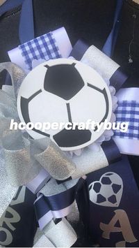 4" flower, military twist braid, custom vinyl stickers, wooden soccer ball, ribbon necklace, large silver bow