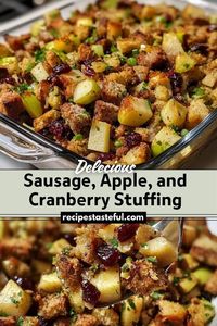 A delightful combination of savory sausage, sweet apples, and tangy cranberries, perfect for holiday meals or as a comforting side dish.