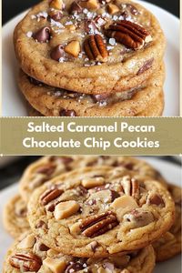 Ingredients: 2 1/4 cups all-purpose flour 1 teaspoon baking soda 1/2 teaspoon salt 1 cup unsalted butter, softened 3/4 cup granulated sugar 3/4 cup packed brown sugar 1 teaspoon vanilla extract 2 large eggs 2 cups semi-sweet chocolate chips 1 cup chopped pecans 3/4 teaspoon salted caramel sauce (for each cookie) Flakey sea salt (for sprinkling)