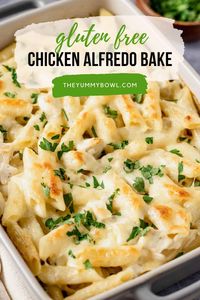 Gluten-Free Chicken Alfredo Pasta Bake is one of our go-to pasta dinners. This gluten-free recipe combines simple ingredients like penne pasta, chicken, and creamy alfredo sauce. It is often made with cajun chicken or broccoli but we are going to skip this for easy prep and make it a quick weeknight dinner meal instead.