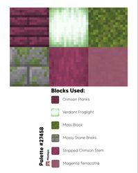 Minecraft Block Palette using crimson planks, verdant froglights, moss block, mossy stone bricks, stripped crimson stem, and magenta terracotta. #minecraft #minecraftbuildingideas #minecraftbuild #minecraftaesthetic #aesthetic #tiktok #mcyt #minecraftcottagecore