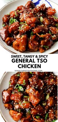 General Tso Chicken. Crispy chicken smothered in a sweet, tangy, glossy sauce with a spicy kick! It serves deliciously for dinner, lunch or leftovers. Ready in just 25 minutes! This general tso chicken from scratch is easy to make at home. tags: general tso chicken recipe, general tso chicken easy, general tso air fryer, general tso chicken sauce, general tso chicken easy recipes, easy chinese chicken recipes, crispy asian chicken, general tso sauce recipe, asian chicken recipes easy