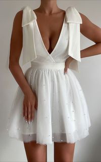 Karalyn Mini Dress - Bow Strap Plunge Pearl Detail Dress in White | Showpo USA