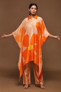 Buy Clos Orange Dupion Silk Printed Kaftan Kurta And Pant Set Online | Aza Fashions