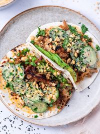 Teriyaki Chicken Tacos with creamy sesame cucumbers