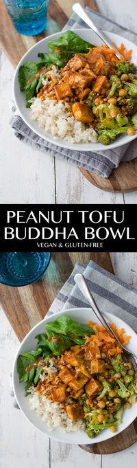 Peanut Tofu Buddha Bowl! A healthy lunch or dinner, perfect for the New Year! Brown rice, the BEST tofu, vegetables, roasted broccoli in a simple peanut sauce. Vegan and Gluten-Free. | http://www.delishknowledge.com