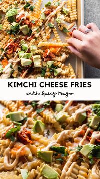 Is there anything that kimchi doesn't make better? No, I don't think so. And these easy Kimchi Fries with cheese and loaded with spicy mayo, avocado, and cilantro are especially delicious and easy to make at home. Make on a sheet pan and serve this crowd-pleaser at game nights and every party!