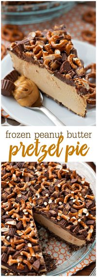 Frozen Peanut Butter Pretzel Pie - an AMAZING frozen dessert consisting of a graham cracker and pretzel crust, frozen peanut butter filling, topped with chocolate, pretzels, and peanut butter cups. The most perfect salty and sweet combination!!