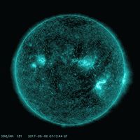 DOUBLE WHAMMY  This animation shows two bright flares that the sun emitted September 6, as observed by NASA’s Solar Dynamics Observatory in ultraviolet light. The second is the strongest solar flare since 2006.