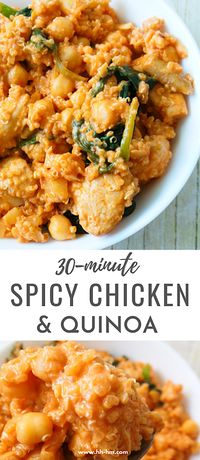 One-Pan Quinoa and Chicken recipe! This healthy and easy quinoa recipe is ready in less than 30-minutes, is high-fiber, gluten-free and high-protein! Perfect healthy weeknight dinner!