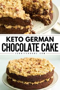 Indulge in this delicious treat to make at home! This Keto German Chocolate Cake is rich with coconut and pecan icing. This recipe used unsweetened cocoa powder. Pin this for your Valentine's Day dessert recipe!