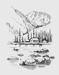 Premium Vector | Wild natural landscape with mountains, lake, pines, rocks. hand drawn illustration converted to vector.