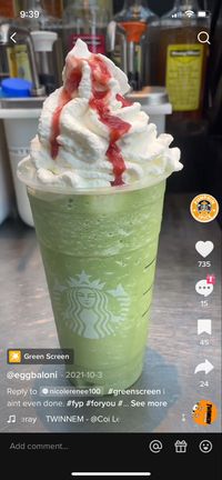 Venti matcha Frappuccino with brown sugar whipped cream and strawberry puree on top #starbucks #tiktok