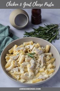 This Chicken & Goat Cheese Pasta with fresh rosemary is flavorful, filling, and so easy to make. With just a few simple ingredients, a delicious dinner is ready in no time. #pastarecipe #goatcheesepasta #easypastarecipe