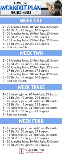 One-month workout plan for beginners! Follow the link for video descriptions of exercises. From Tone-and-Tighten.com