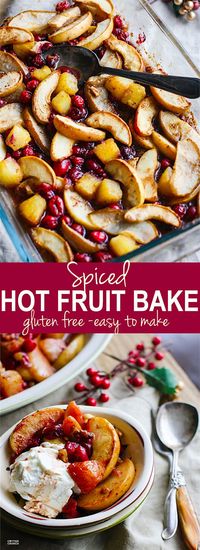 Easy Spiced Hot Fruit Bake! A delicious and healthy holiday breakfast bake! This gluten free spiced hot fruit bake also makes for a great topping for waffles, pancakes, oatmeal, or simply by itself! A nutritious dish to add to your Christmas or New Year's Brunch! Vegan friendly. www.cottercrunch.com