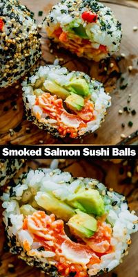 Smoked Salmon Sushi Balls – Made with flavorful smoked salmon, creamy avocado, crisp cucumber, and spicy mayo wrapped in sticky rice and then coated in furikake seasoning. One bite and you may never go back to making sushi the traditional way again!