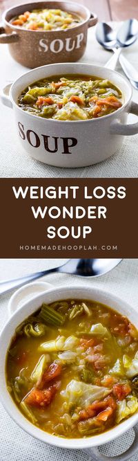 Weight Loss Wonder Soup! A filling and healthy wonder soup to assist with any diet. Vegetarian, gluten free, vegan, paleo - this combination of cooked veggies will leave you feeling full enough to get past the hunger pangs. | HomemadeHooplah.com