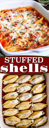 Delicious Stuffed Shells are the perfect easy, weeknight dinner. Jumbo pasta shells are stuffed with a smooth, creamy, cheesy filling flavored with fresh herbs and baked to absolute perfection. // Mom On Timeout